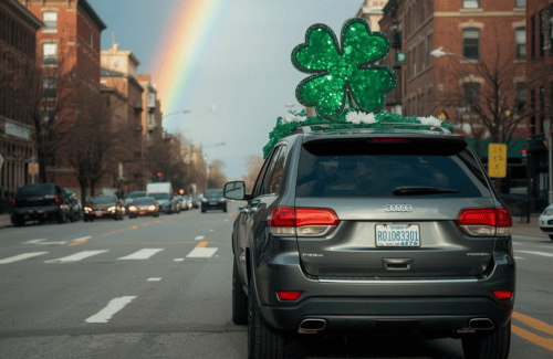 Audi SUV driving through a city street with a large shamrock decoration on the roof and a rainbow ahead.