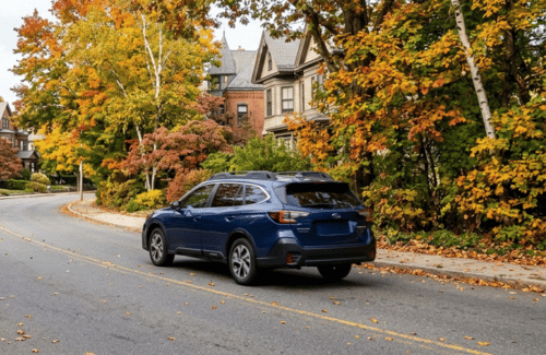 Blue Subaru Outback driving through a tree-lined Jamaica Plain neighborhood