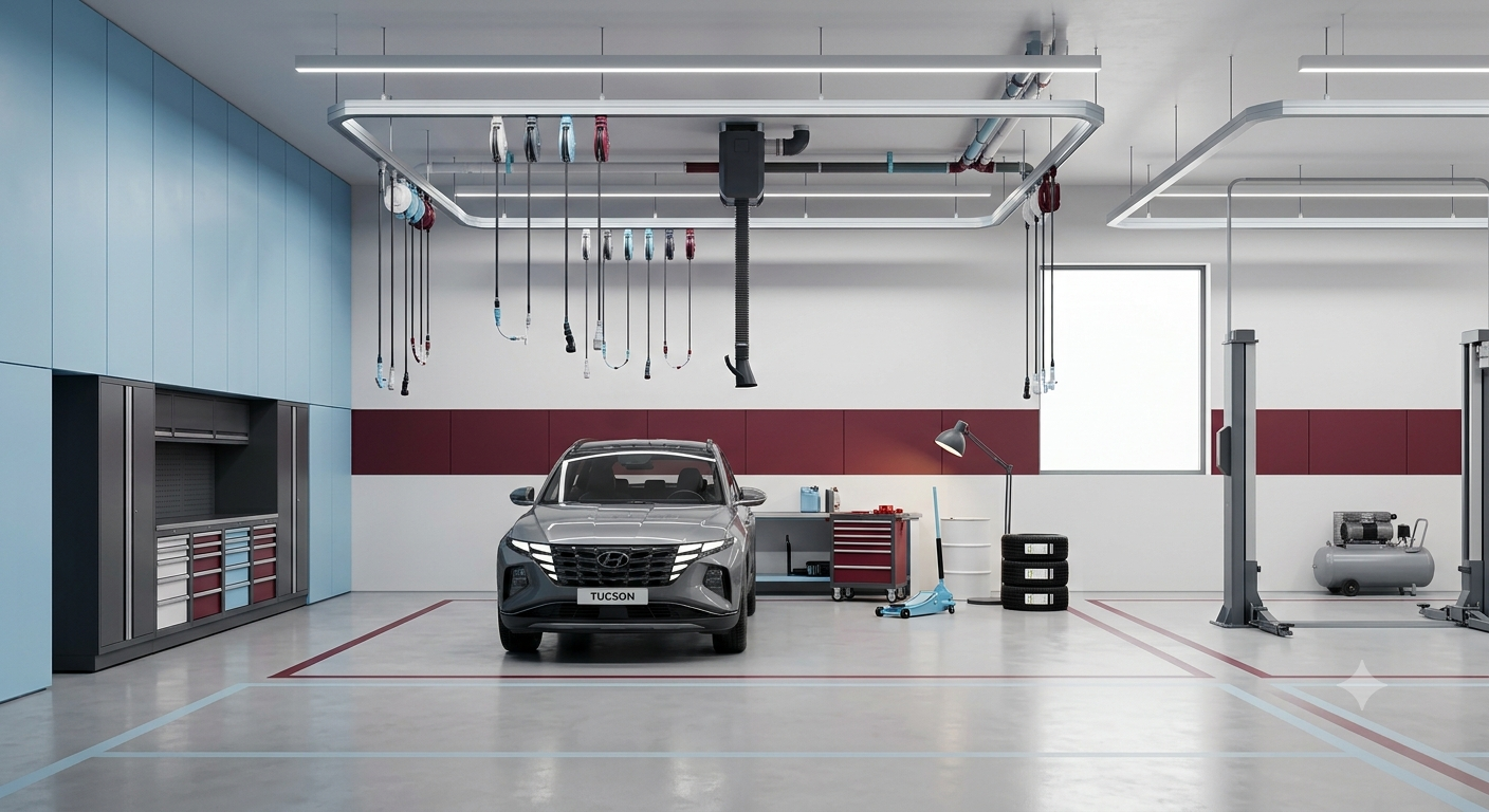 Front view of a gray Hyundai Tucson parked inside a clean, modern auto repair shop with organized tools