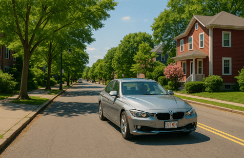 Silver sedan driving on a sunny tree-lined suburban street with brick houses
