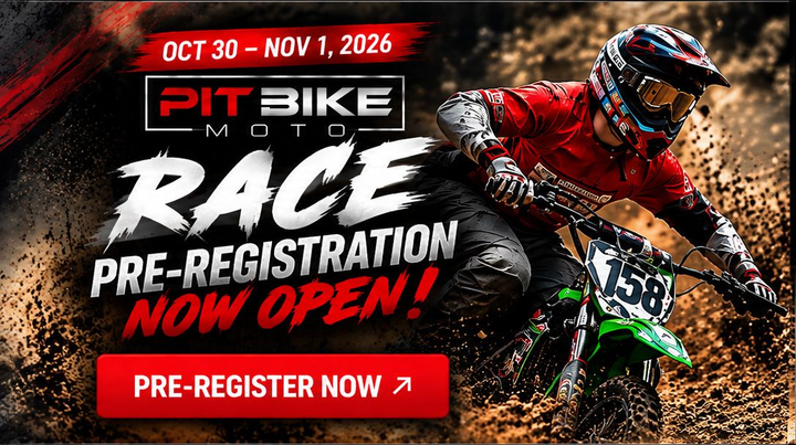 PIT BIKE Race pre-registration poster with muddy rider and red “Register Now” banner, Oct 30–Nov 1, 2026
