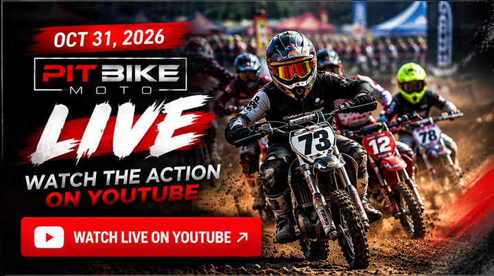 Pit bike live race promo with muddy riders and bold text: “Watch the action on YouTube”