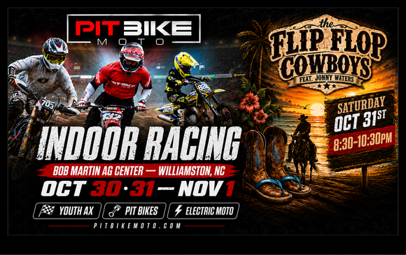 Pit bike classes promo with motocross rider on muddy track and “View Classes” button