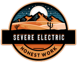 Logo for Severe Electric, featuring a desert landscape with mountains, a full moon, and cacti, with the text "HONEST WORK."