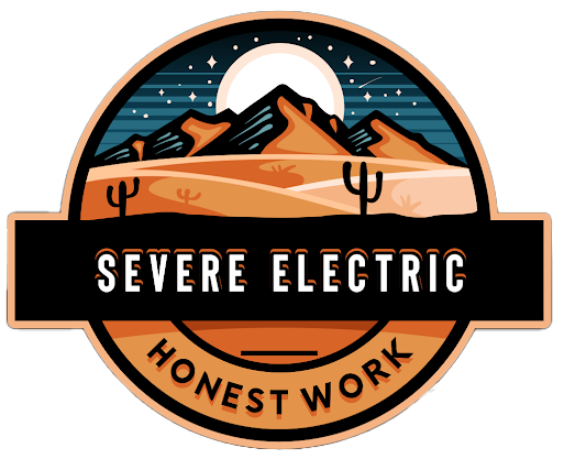 Logo for Severe Electric, featuring a desert landscape with mountains, a full moon, and cacti, with the text "HONEST WORK."