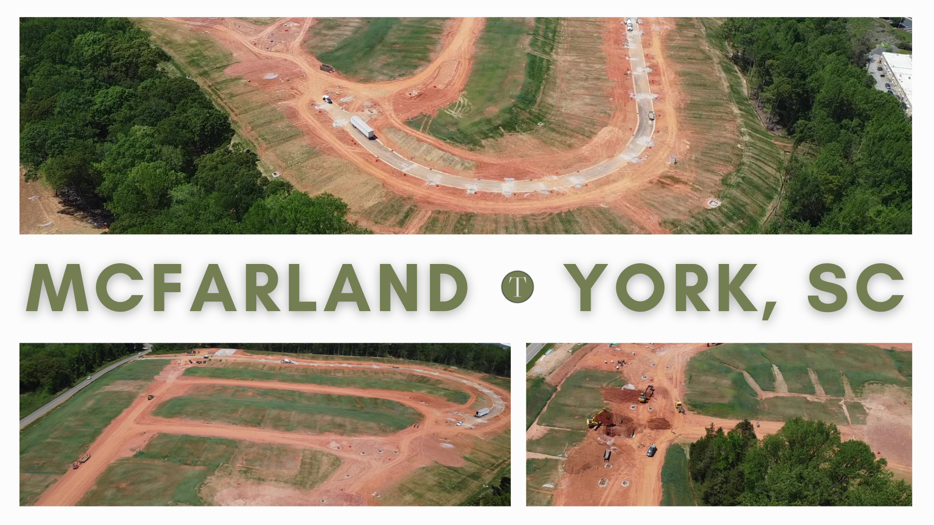 Construction site in York, SC, with cleared land, dirt roads, and surrounding trees.