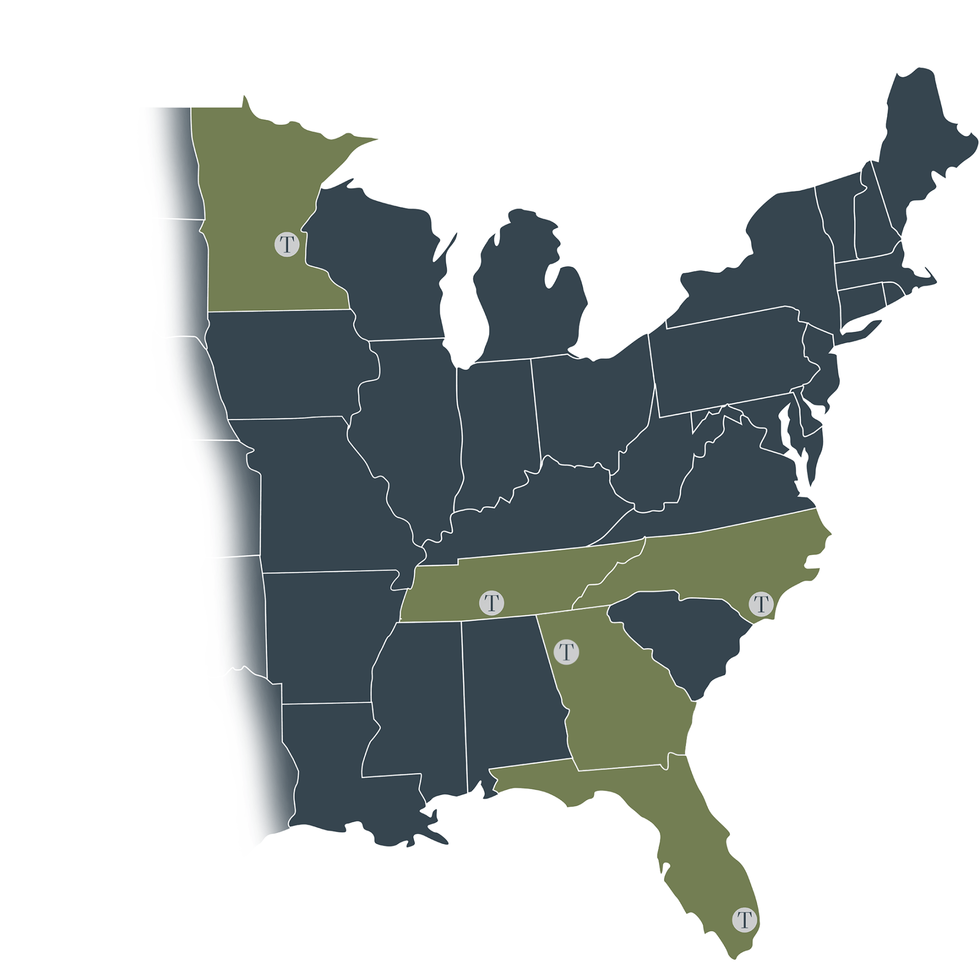 Map of the southeastern United States; several states highlighted in green.