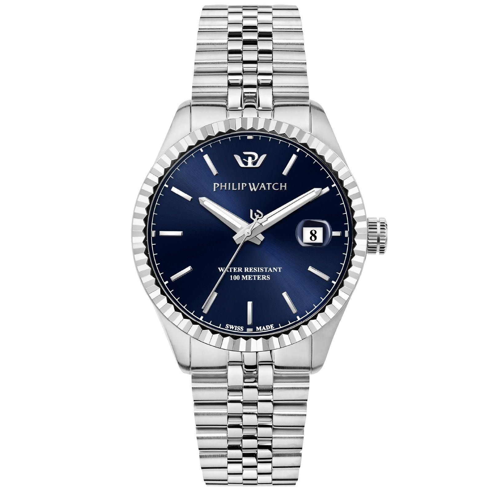 Un orologio Philip con quadrante blu e cinturino argentato