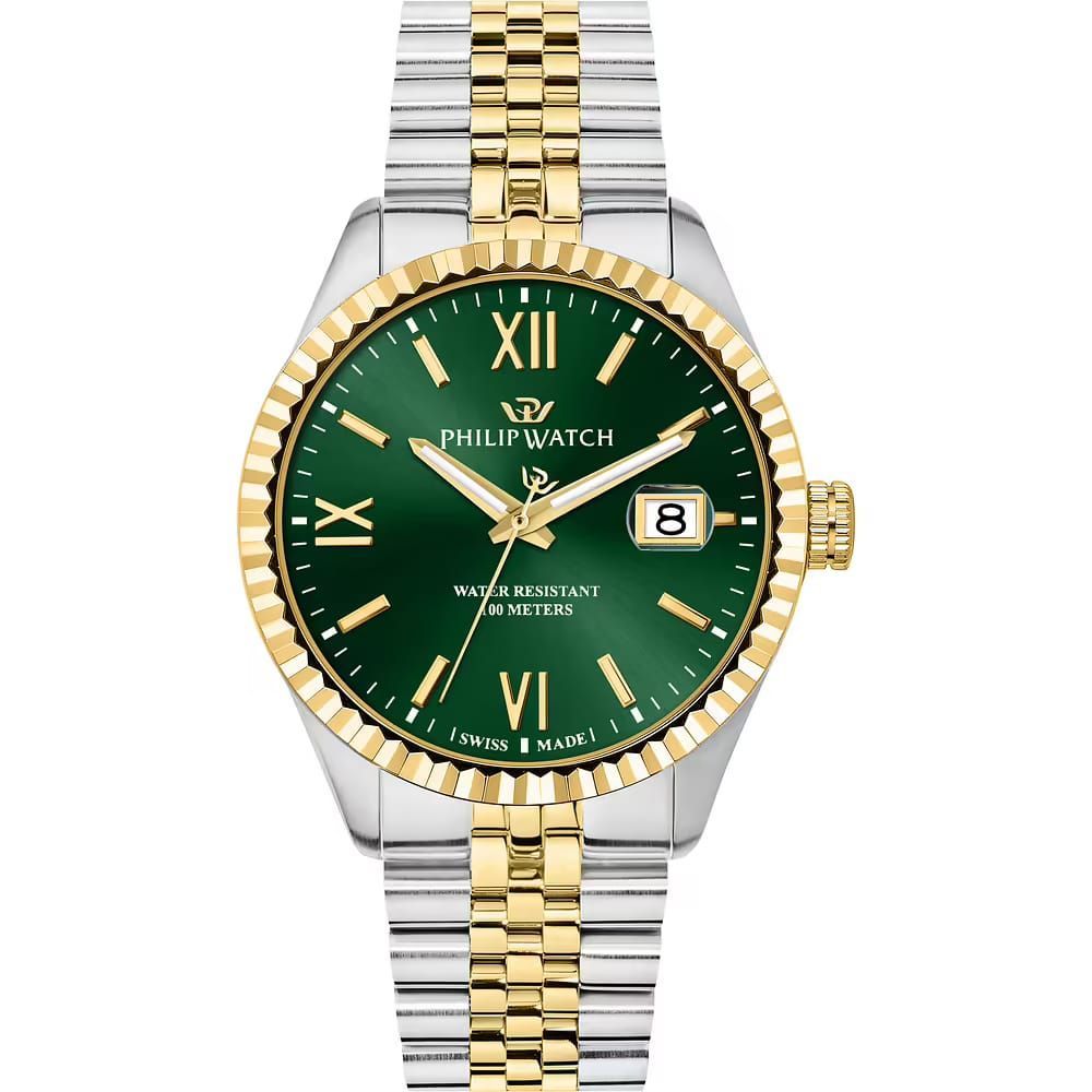 Un orologio in argento e oro con quadrante verde e numeri romani