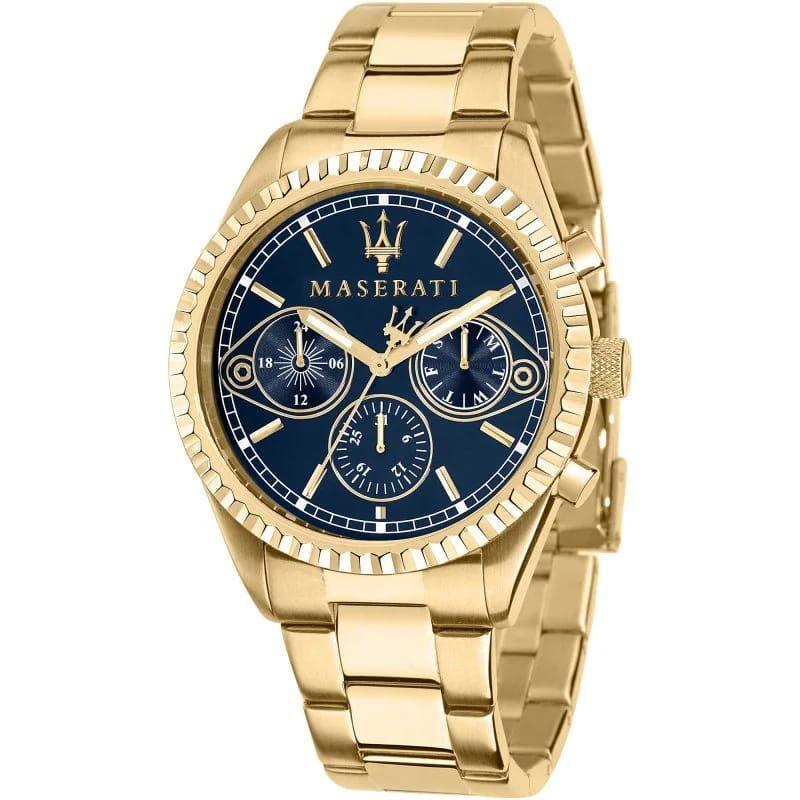 Un orologio Maserati d'oro con quadrante blu