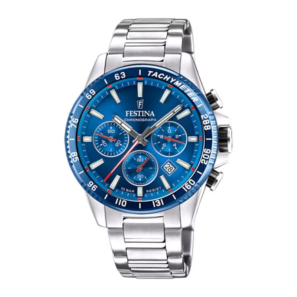 Un orologio in acciaio inossidabile con quadrante blu e cinturino argentato.