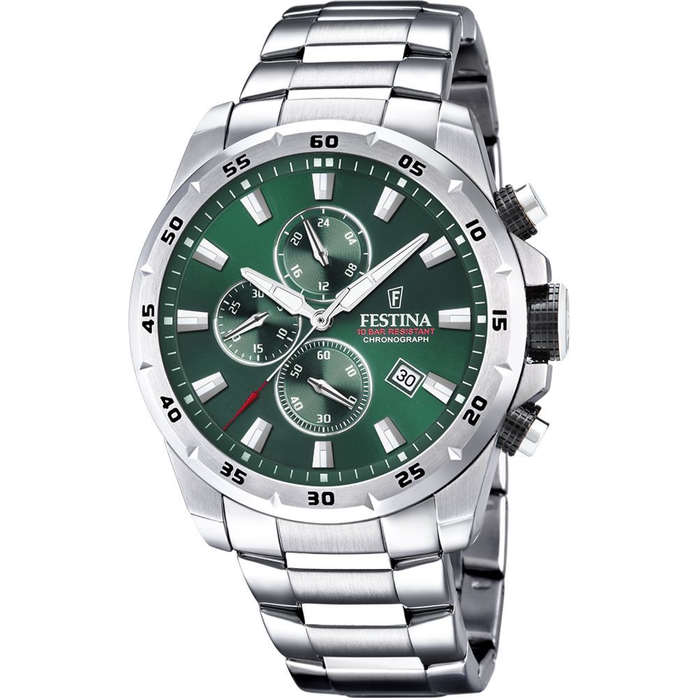 Un orologio d'argento con quadrante verde e cinturino in acciaio inossidabile.