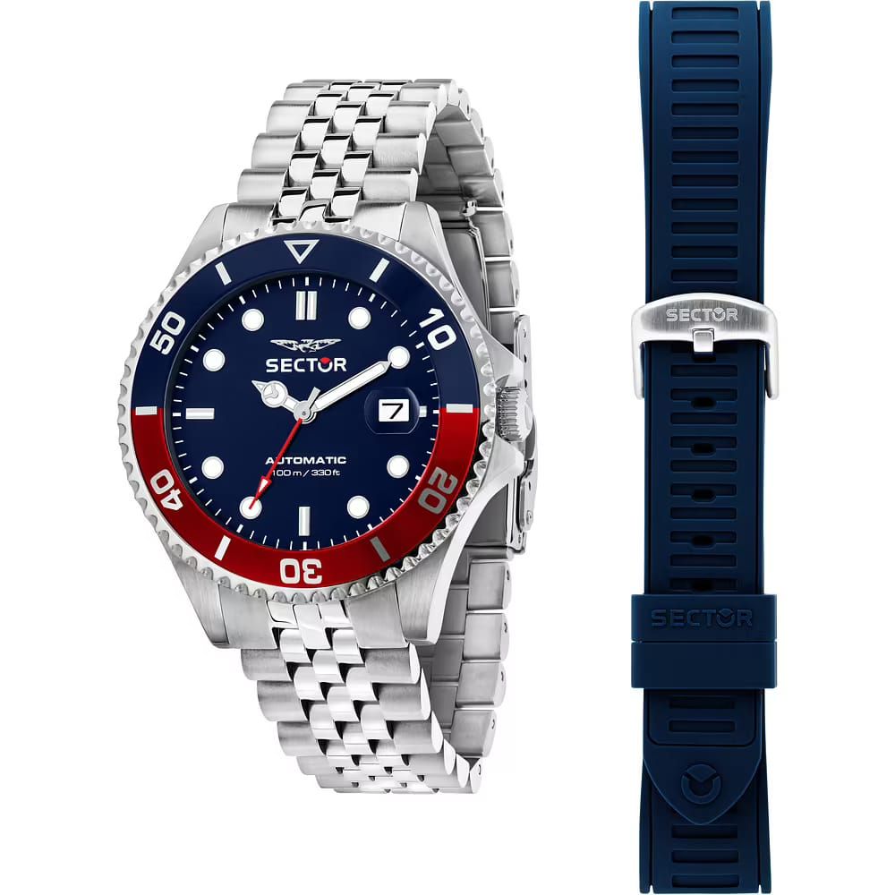 Un orologio Sector con cinturino in acciaio inossidabile e cinturino in gomma blu.