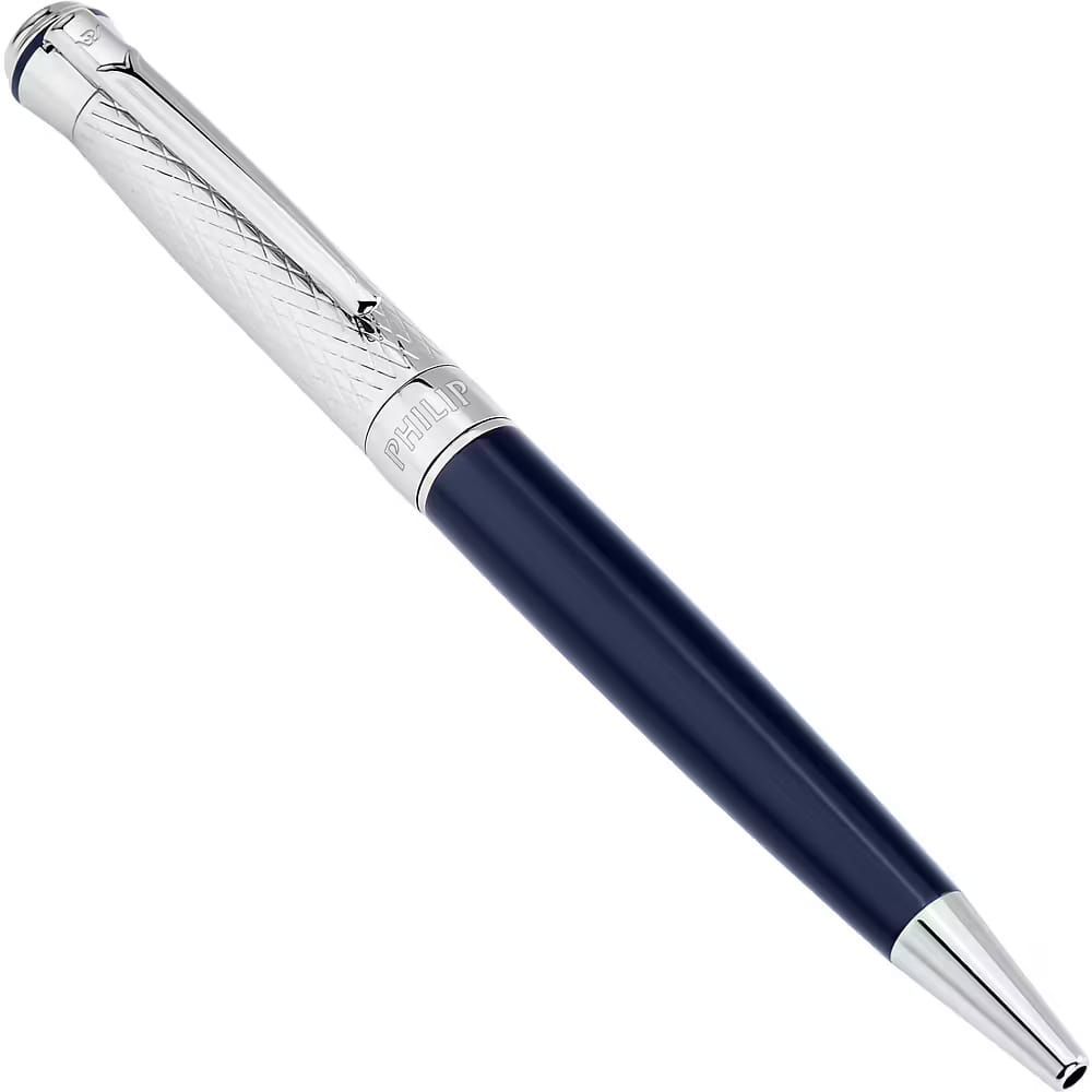Una penna blu e argento con un cappuccio argentato su uno sfondo bianco