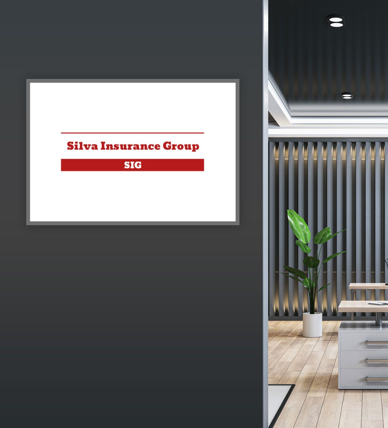 Silva Insurance Group office sign on a white wall beside a modern lobby with plants and wood flooring