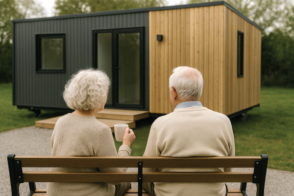 Two people sit on a bench facing a modern small cabin with black and wood exterior in a grassy area.
