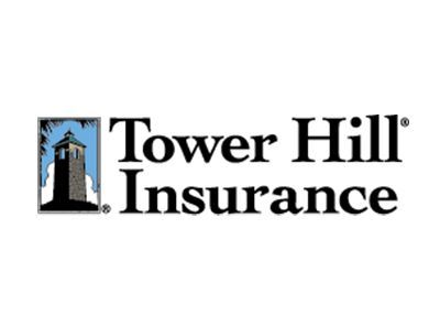 Tower Hill Insurance logo with blue tower icon and black text on a white background