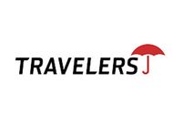Travelers logo in black with a red umbrella over the letter J