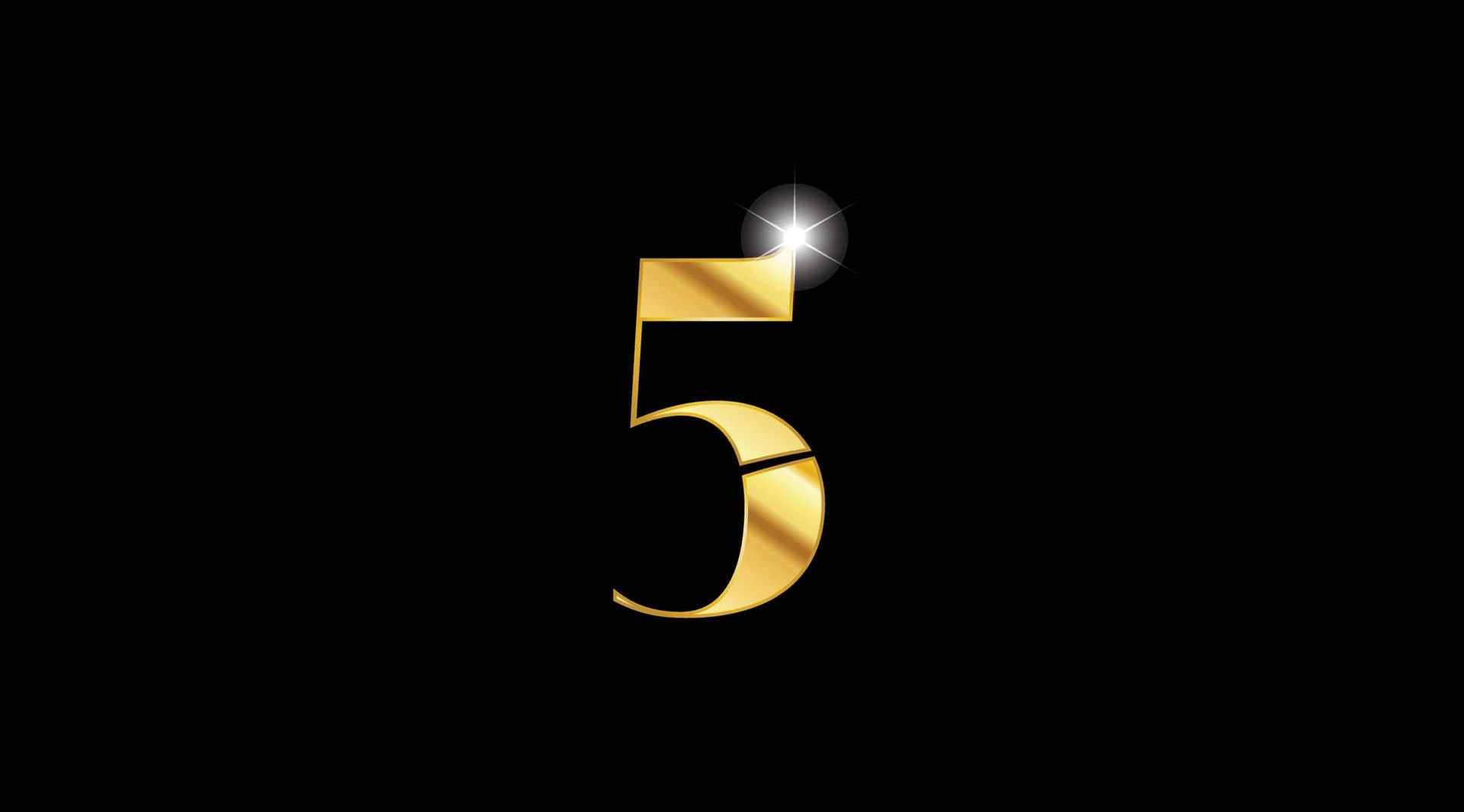 The number five is written in gold on a black background.