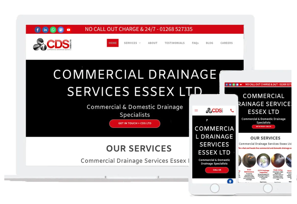 A screenshot of a website for commercial drainage services essex ltd.