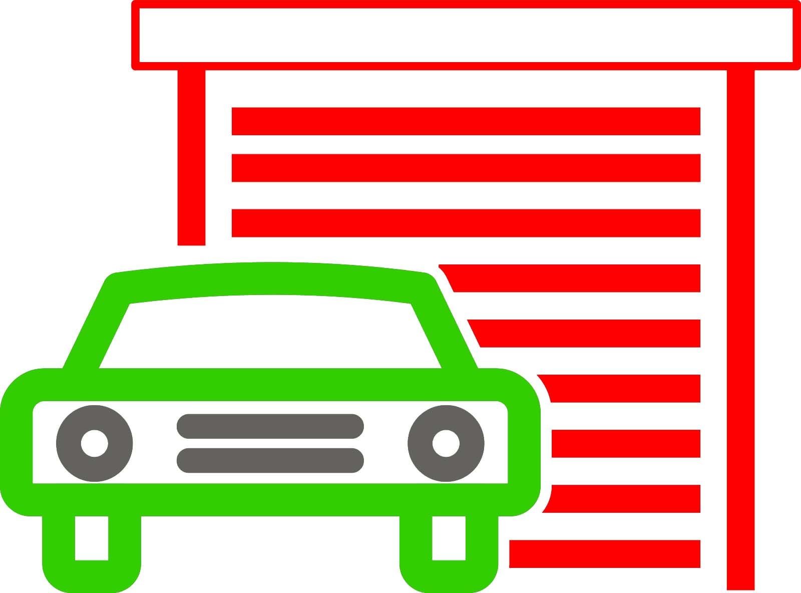 A green car is parked in front of a red garage door.