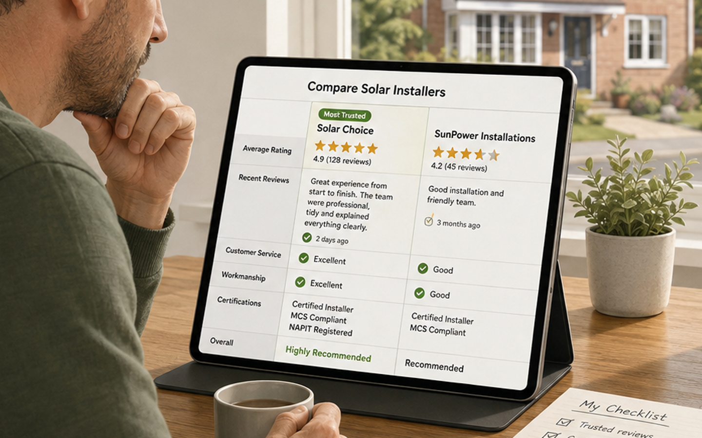 Person viewing a laptop showing a “Customer Satisfaction” dashboard with star ratings and feedback cards