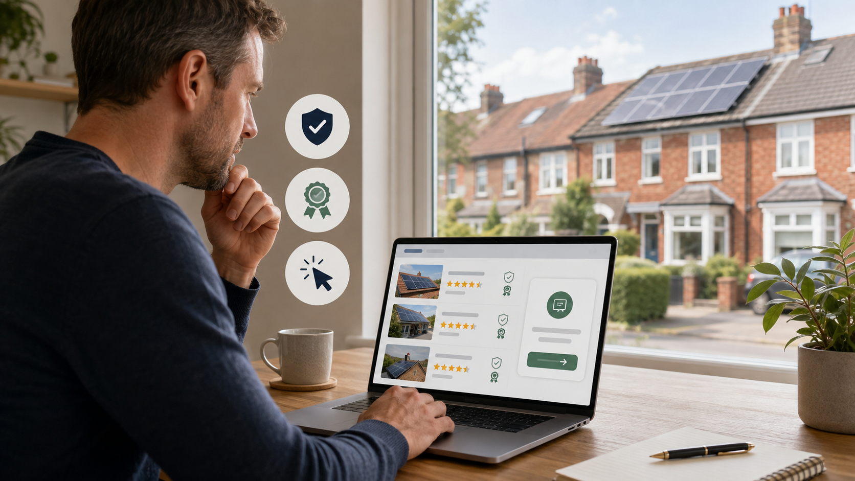 Man browsing a laptop at a desk by a window, with a house listing website open