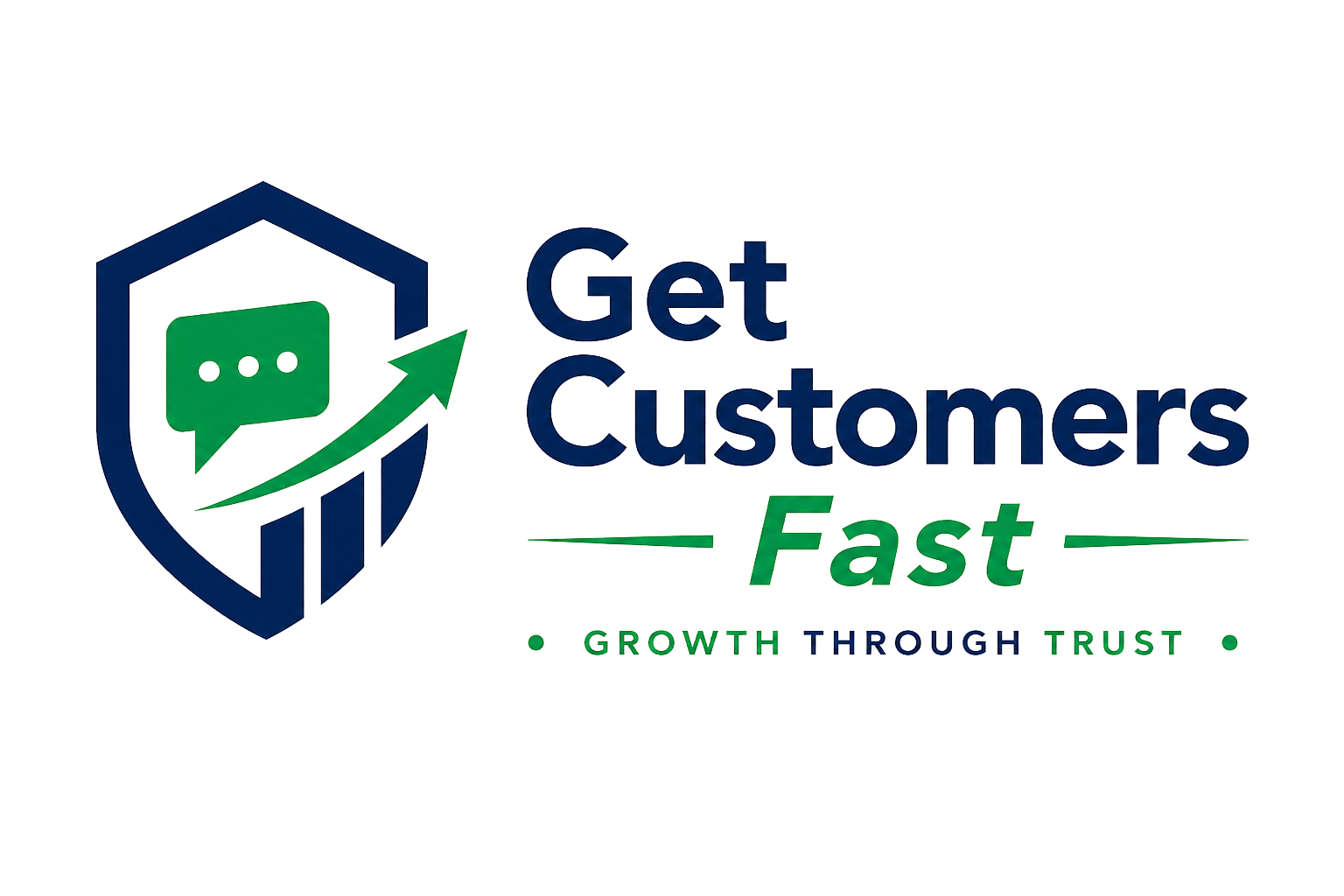 Logo reading “Get Customers Fast” with blue shield, green arrow, and “Growth Through Trust” tagline
