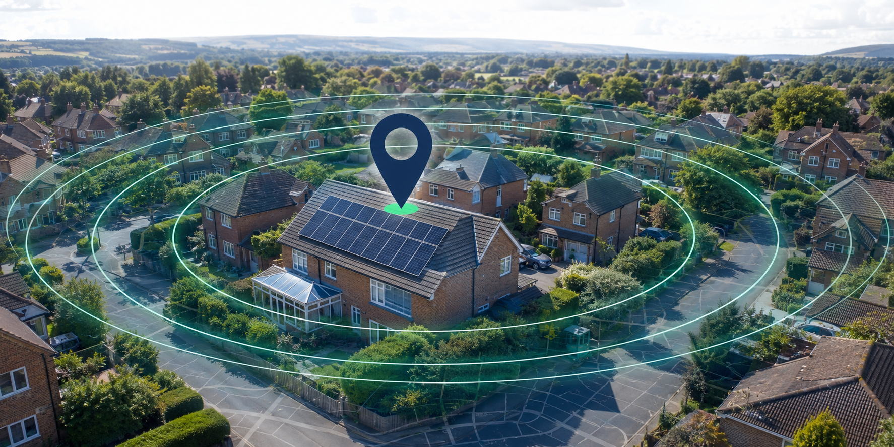 Aerial view of suburban houses with a central home marked by a glowing location pin and network rings