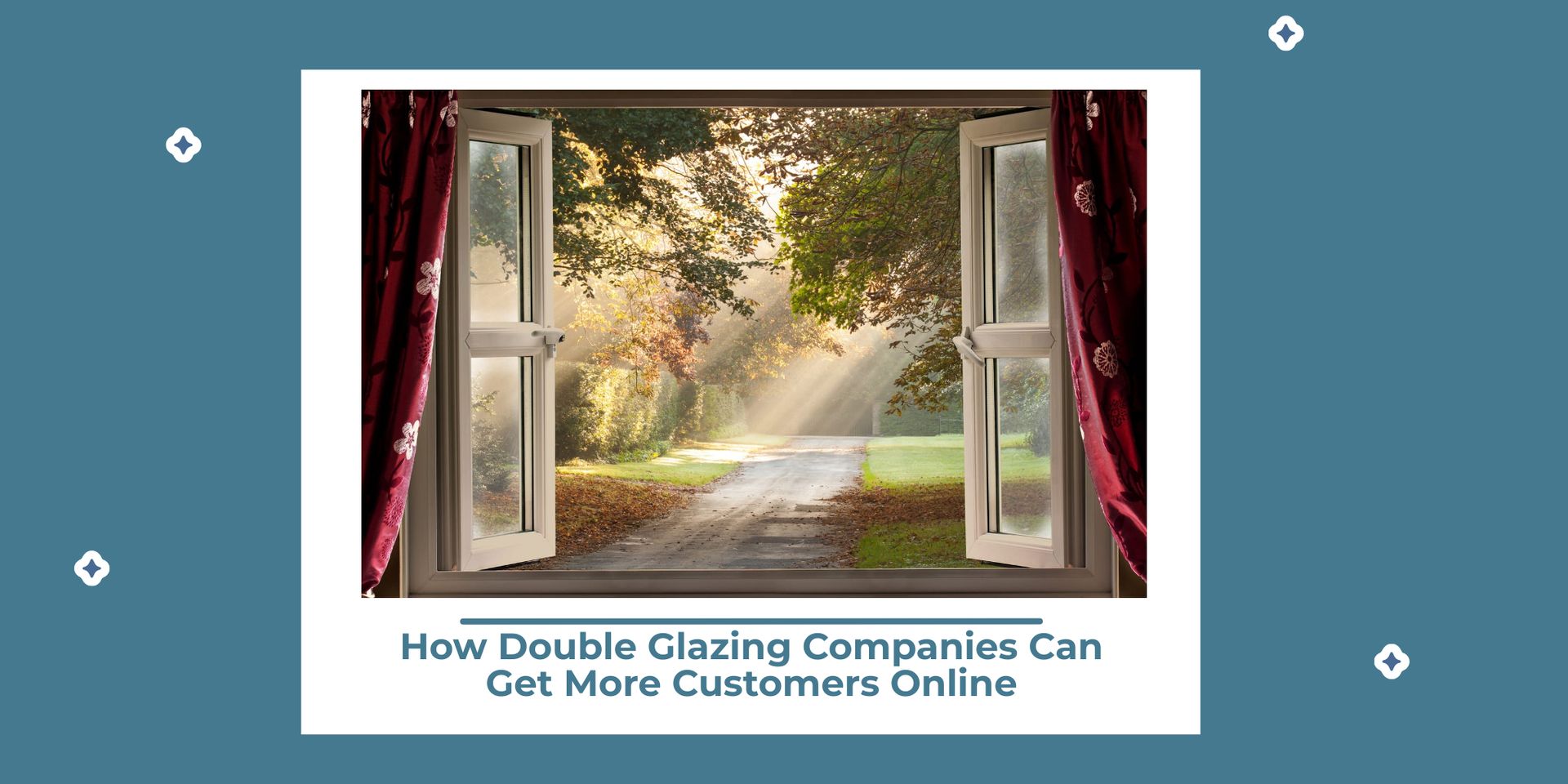 Open window with view of a sunlit path through trees; red curtains, text: