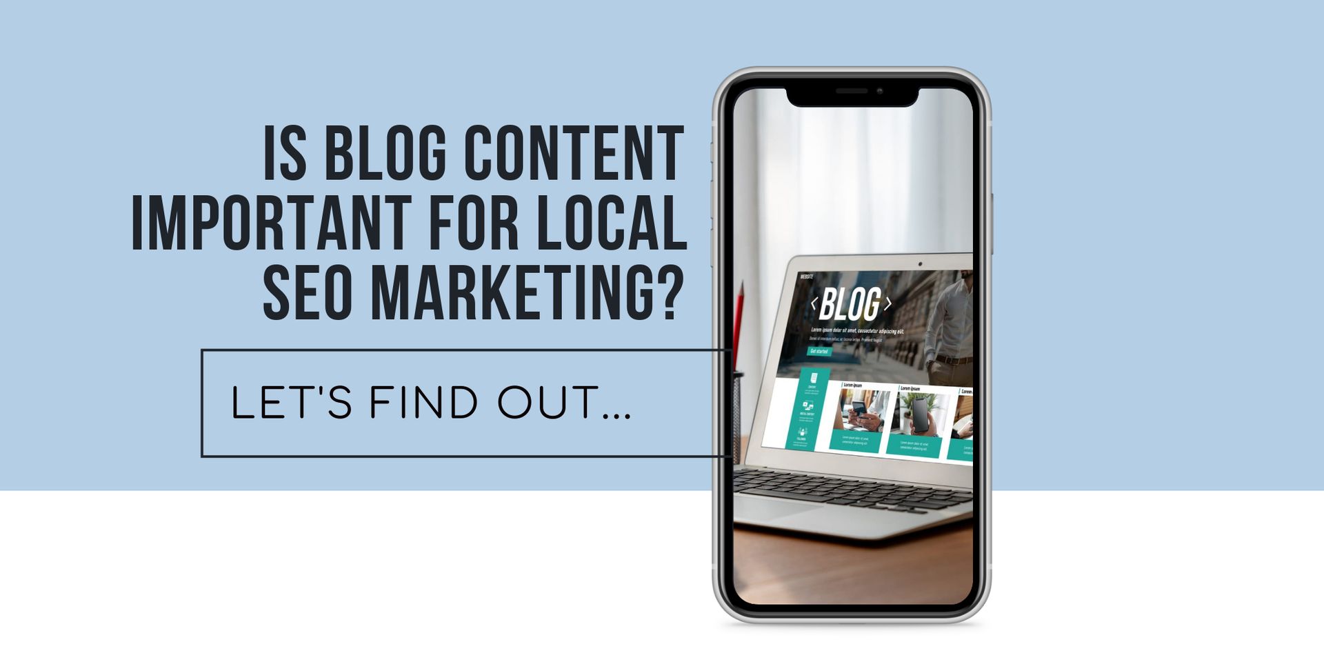 Smartphone showing a laptop with a blog website, text asking