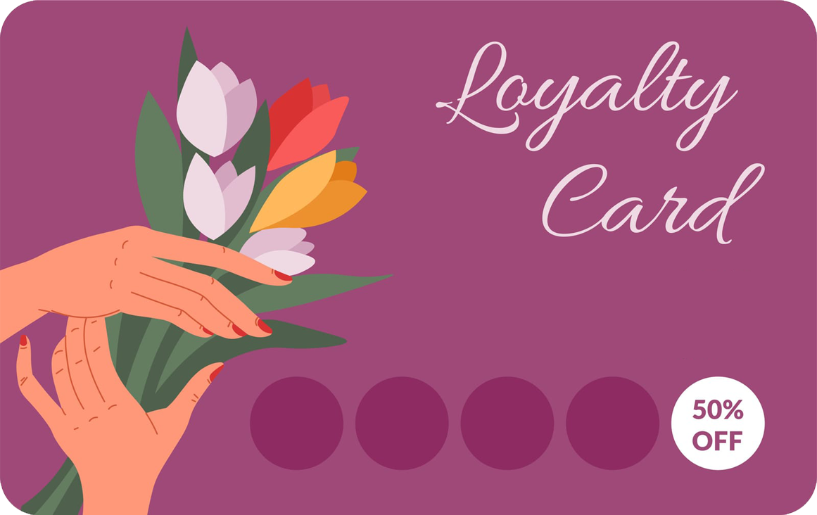 A loyalty card with a woman holding a bouquet of flowers.