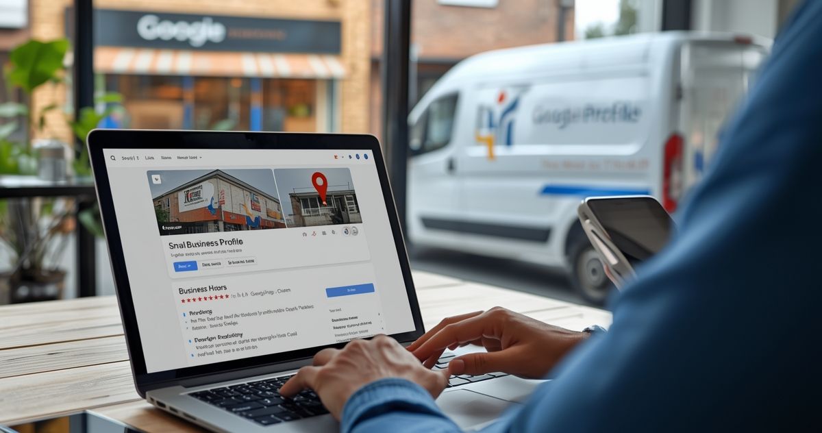 Person using a laptop displaying a Google Maps listing, Google Mobile van in the background.