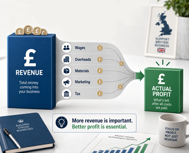 Blue “Revenue” box pours into green “Actual Profit” box with expenses labels and a profit message.
