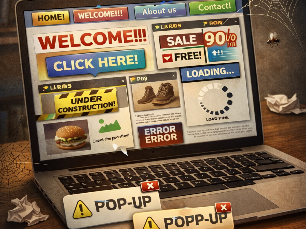 Laptop screen displaying a cluttered website with pop-ups, construction and error messages.