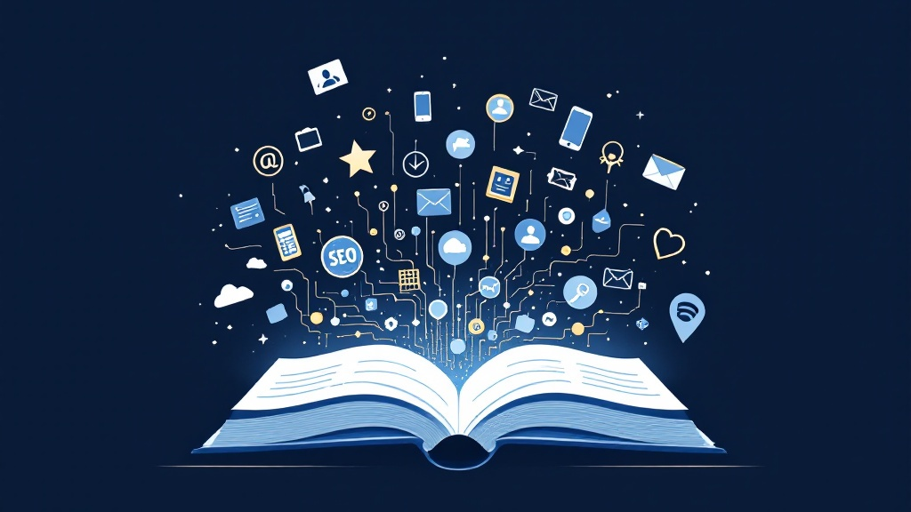 An open book with icons coming out of it on a dark blue background.