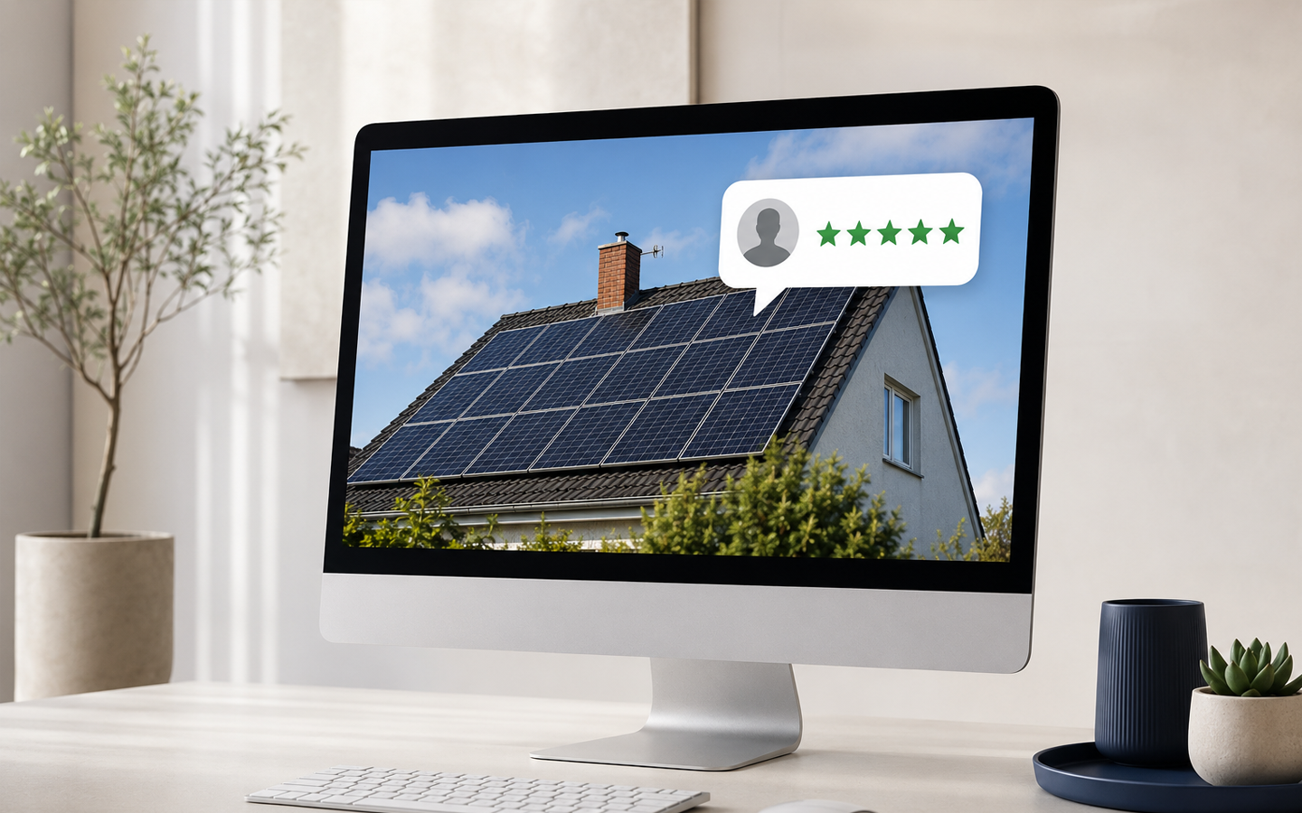 Desktop monitor showing a house with solar panels and a 5-star review badge
