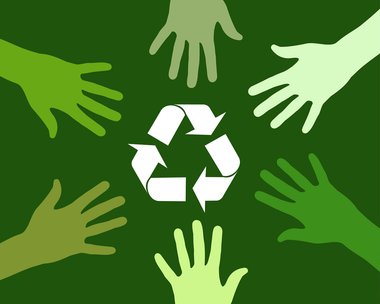 Green recycling symbol surrounded by hands reaching inward on a dark green background