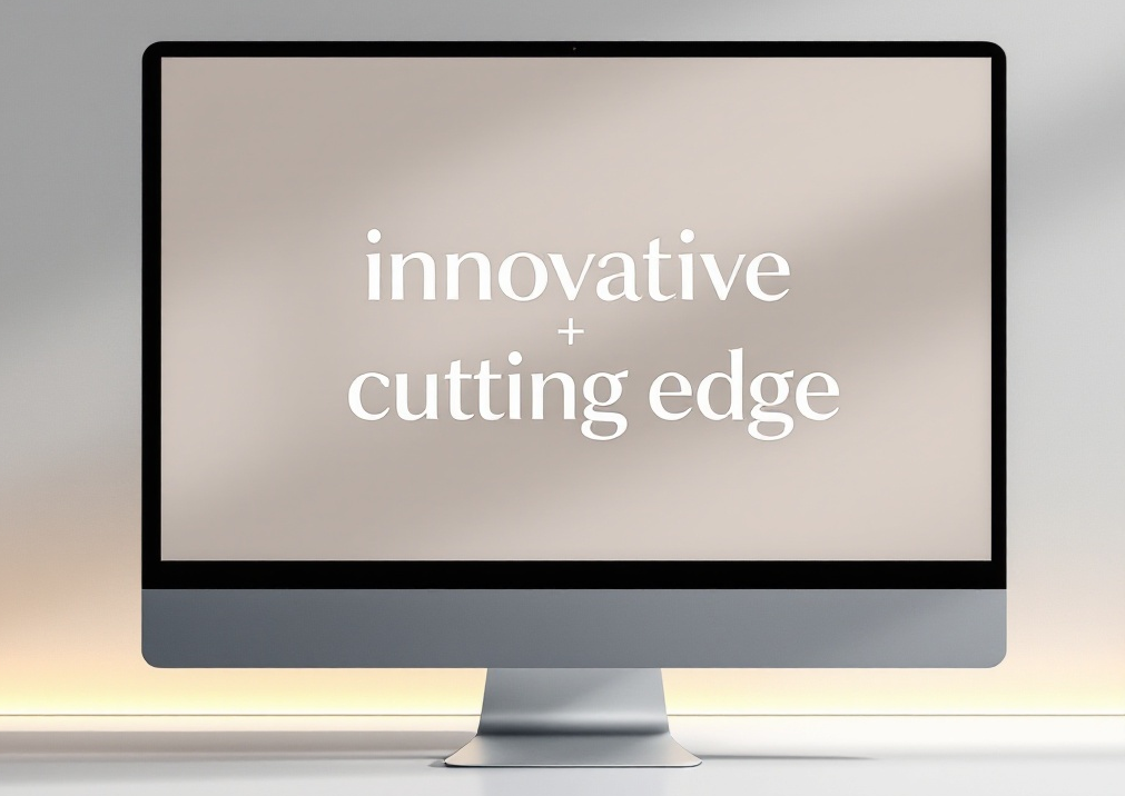 A computer monitor with the words `` innovative cutting edge '' on it.