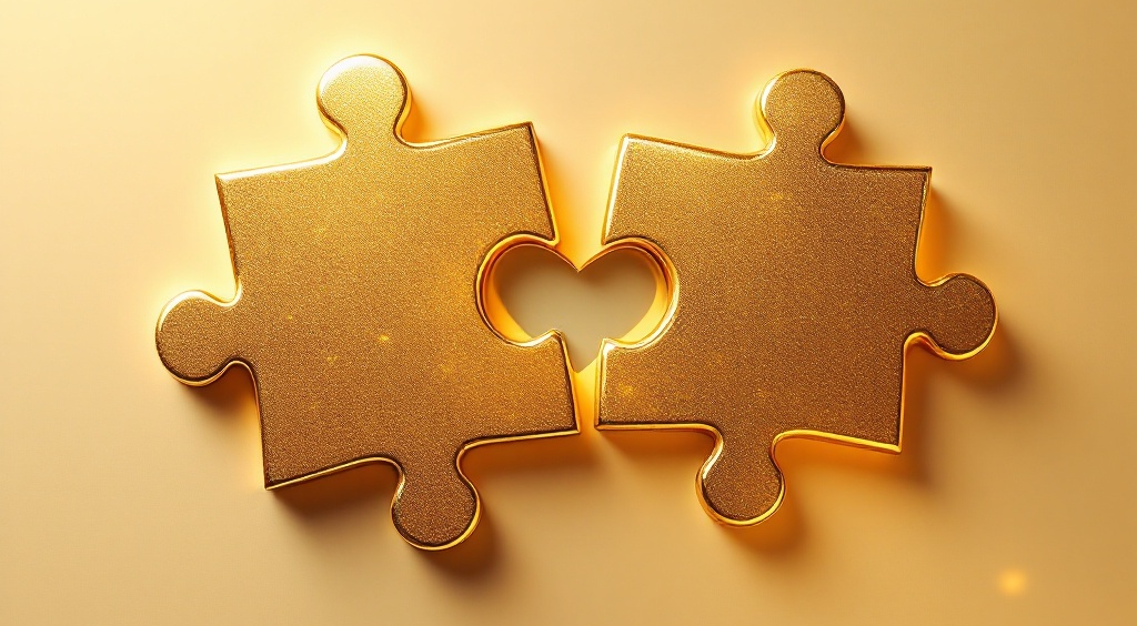 Two gold puzzle pieces with a heart cut out of them.