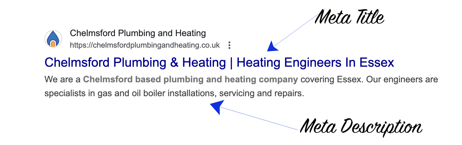 Screenshot of a search result for a plumbing and heating service, showing the meta title and meta description.