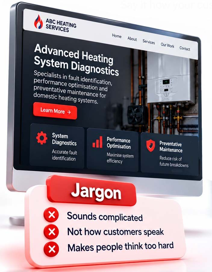 Jargon-heavy website mockup with a red “Jargon” label and bullets about confusing communication
