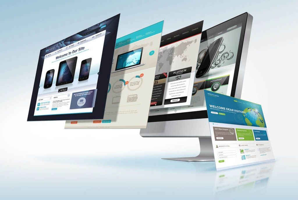 Three computer monitors are displaying different websites on a blue background.