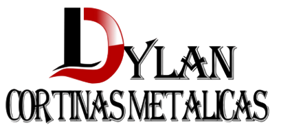 Logotipo de DYLAN CORTINAS METALICAS con letras estilizadas negras y rojas sobre fondo blanco