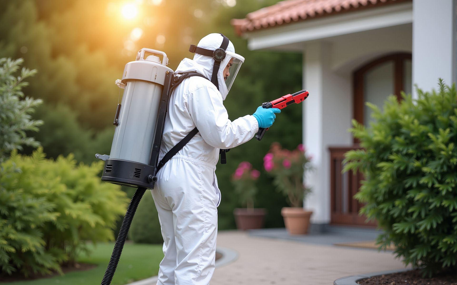 Technician in protective suit performing local pest control service outside suburban home. Technician in protective suit performing local pest control service outside suburban home.