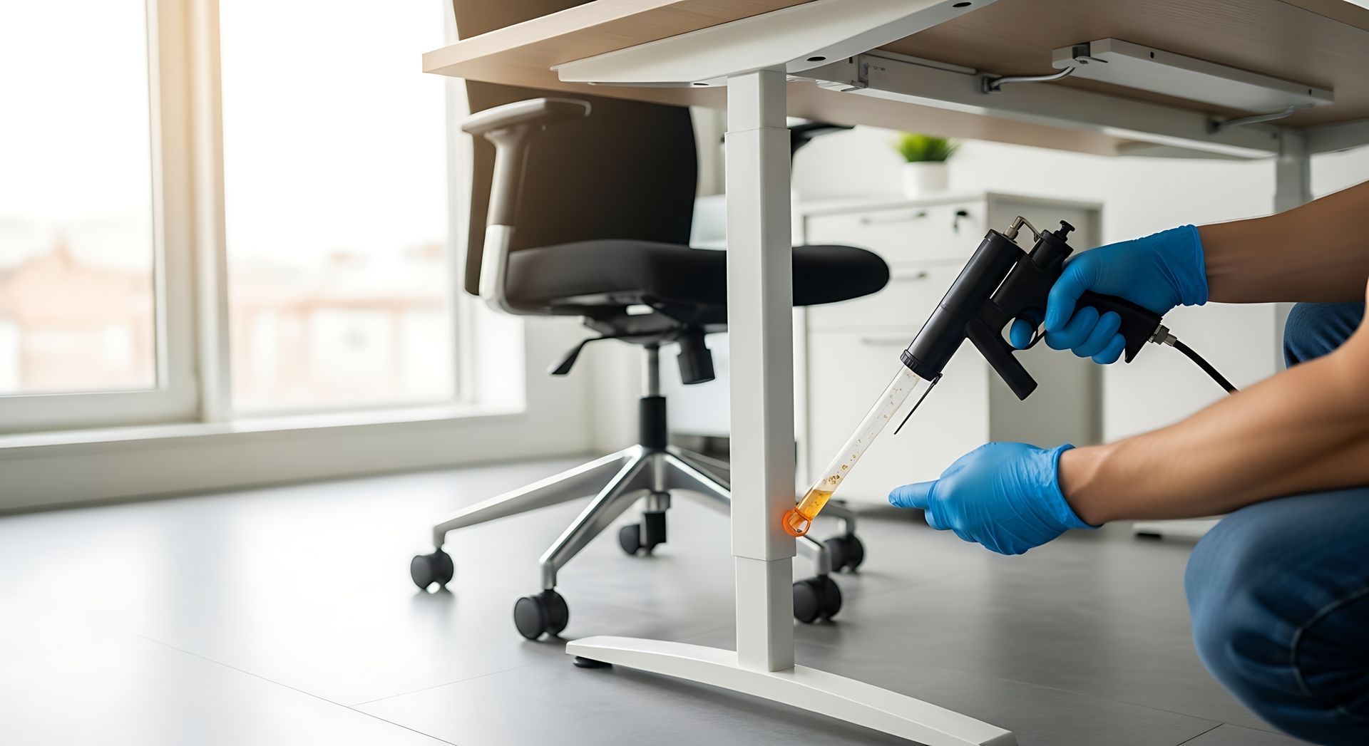A pest control worker explains an invoice to a woman in a kitchen at home Commercial pest control service technician at a Bryn Mawr, PA business.