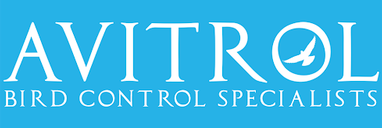 Logo for Avitrol Bird Control Specialists, white text on a blue background. Includes a bird icon.