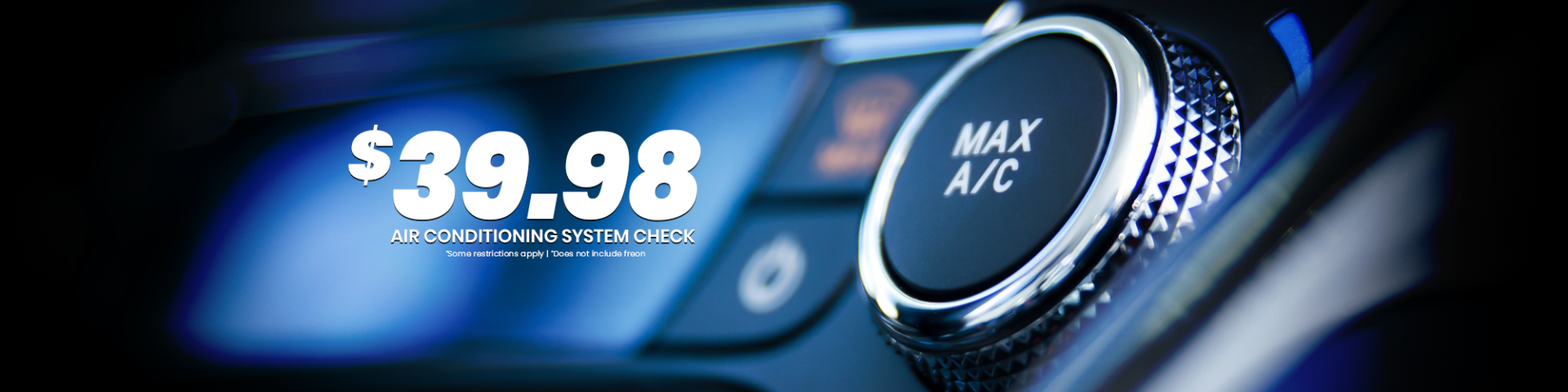 Car air conditioning service promotion for $39.98 with close-up of car AC controls.