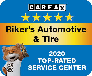 CARFAX award for Riker's Automotive & Tire, 2020 Top-Rated Service Center. A bear mascot holds a trophy.