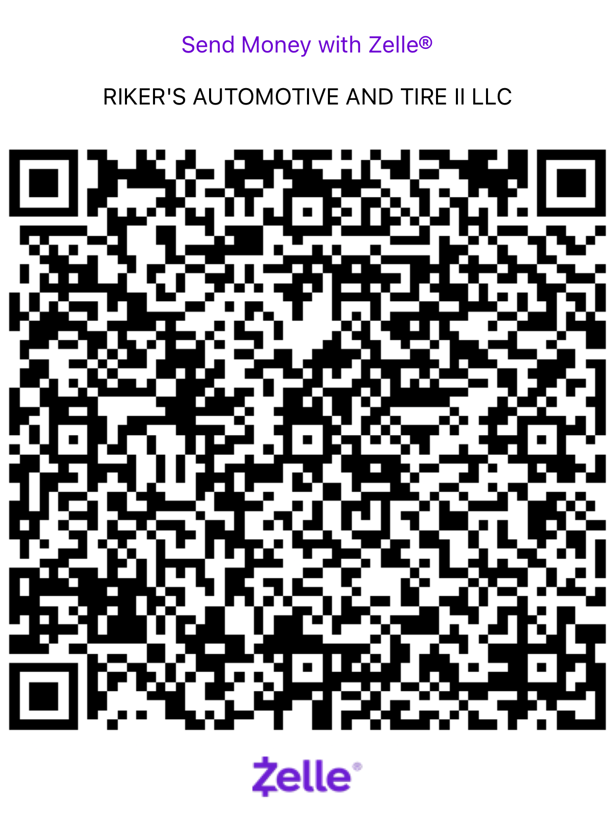 Zelle payment QR code for Riker's Automotive and Tire LLC with purple Zelle branding